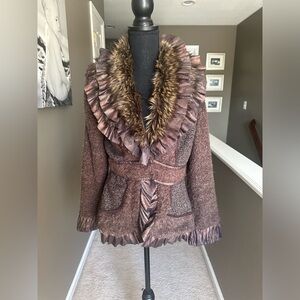 Fun and funky brown jacket with faux fur and ruffles.